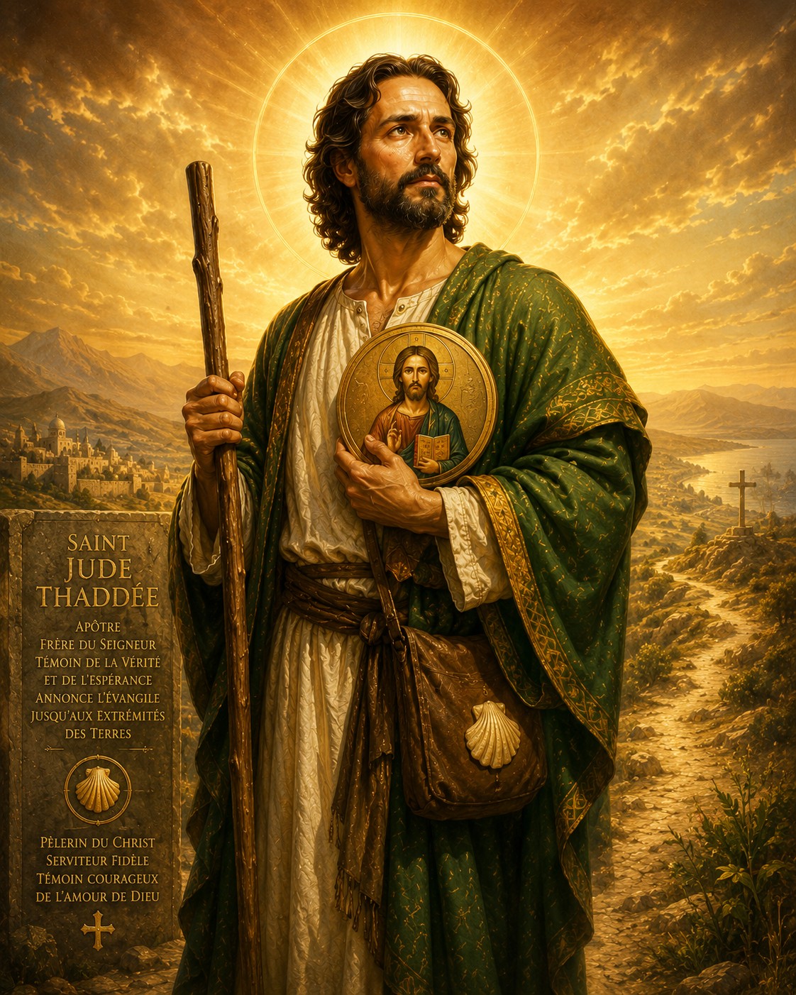 Icône majestueuse de saint Jude Thaddée en pèlerin missionnaire, tenant l’image du Christ contre sa poitrine et entouré d’une lumière dorée symbolisant l’espérance, la fidélité et le courage apostolique.