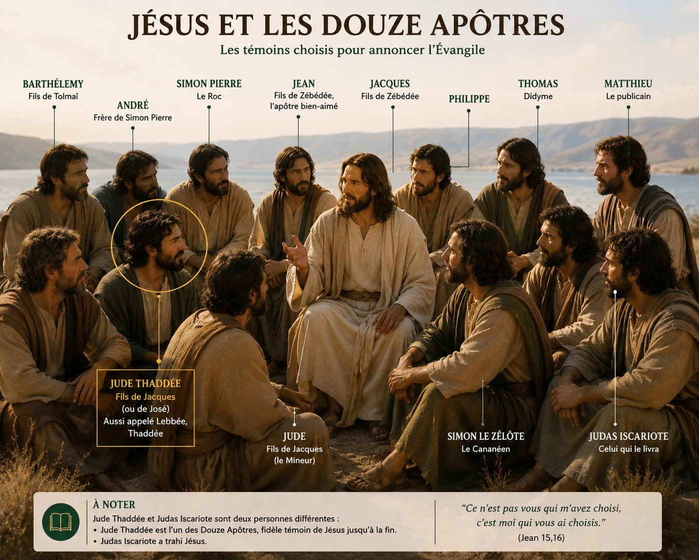 Illustration représentant Jésus entouré des Douze Apôtres, avec saint Jude Thaddée discrètement identifié parmi eux.
