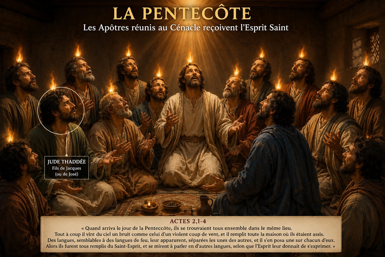 Les apôtres réunis dans le Cénacle lors de la Pentecôte, avec des langues de feu descendant sur eux et saint Jude Thaddée clairement identifiable.