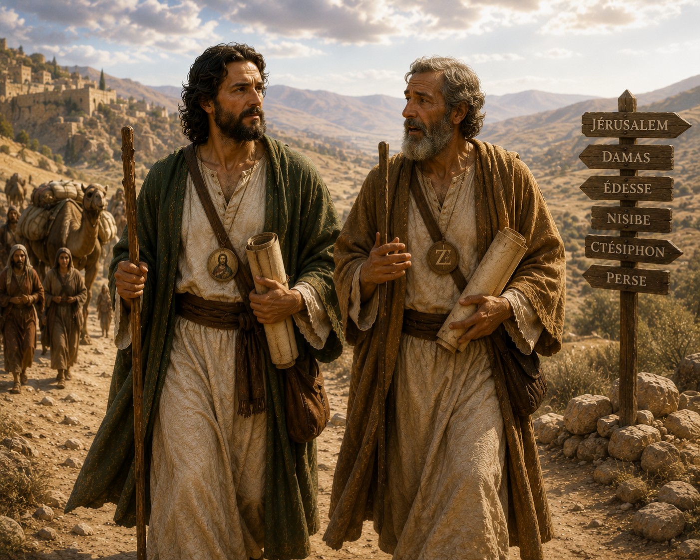 Saint Jude Thaddée et saint Simon le Zélote voyageant ensemble sur une route caravanière du Proche-Orient, portant des vêtements de pèlerins et des rouleaux sacrés.
