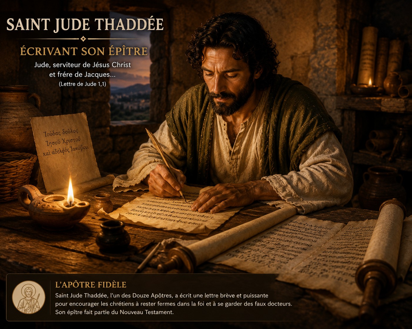 Saint Jude Thaddée écrivant son épître à la lumière d’une lampe à huile dans un décor du Ier siècle, avec des parchemins ouverts devant lui.