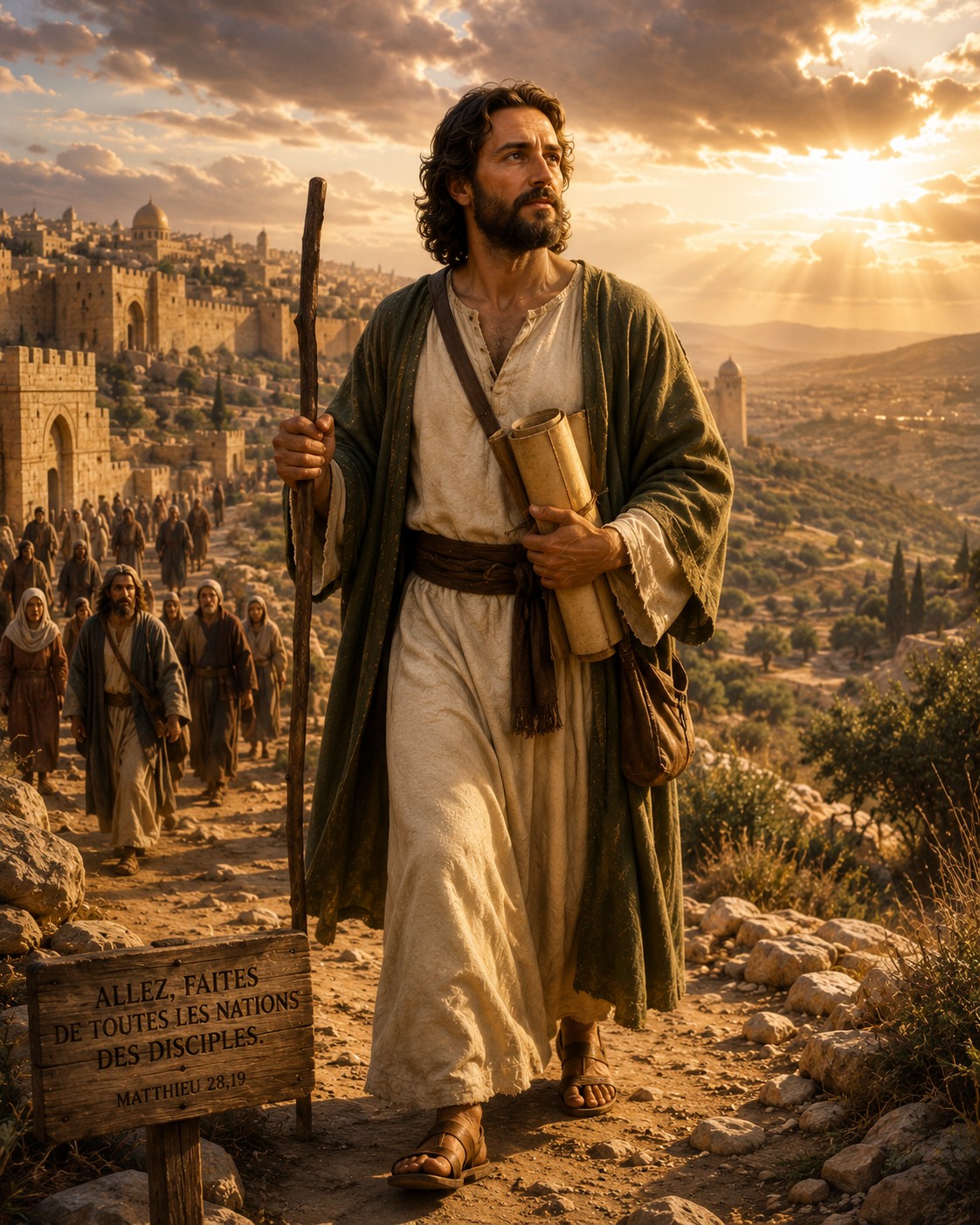 Saint Jude Thaddée quittant Jérusalem après la Pentecôte pour partir évangéliser les nations, portant un bâton de pèlerin et un rouleau des Écritures, avec une lumière divine éclairant son chemin.