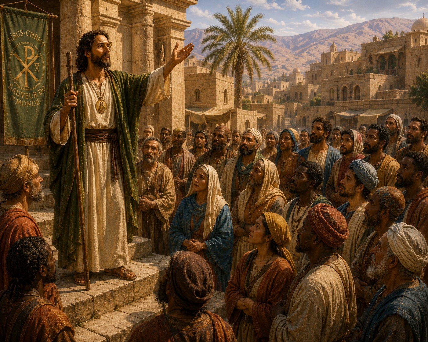 Saint Jude prêchant devant une foule de différentes origines dans une cité antique du Proche-Orient, illustrant l’universalité du message chrétien.