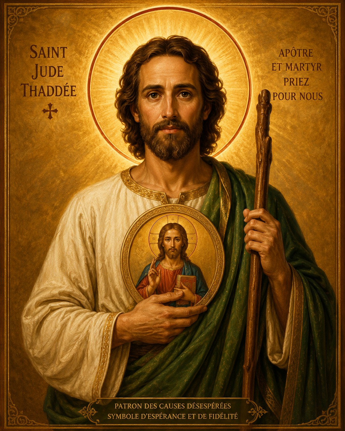 Icône de saint Jude Thaddée tenant une image du Christ contre sa poitrine et un bâton de pèlerin, entouré d’une lumière dorée.