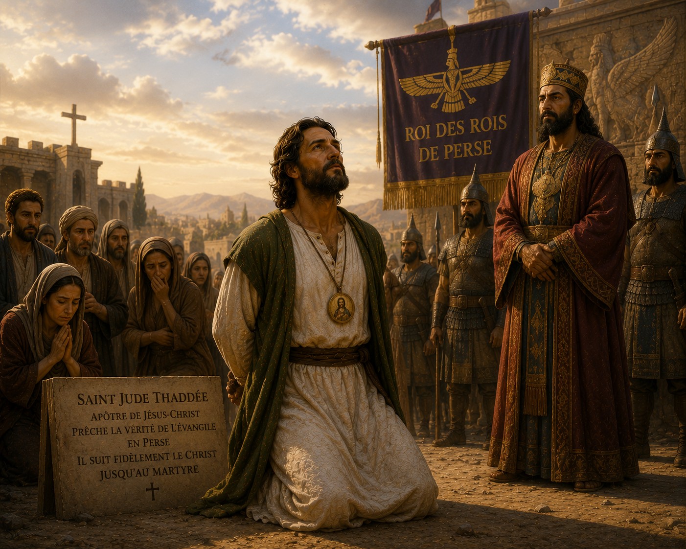 Représentation respectueuse du martyre de saint Jude en Perse, montrant son courage et sa fidélité sans violence graphique excessive.