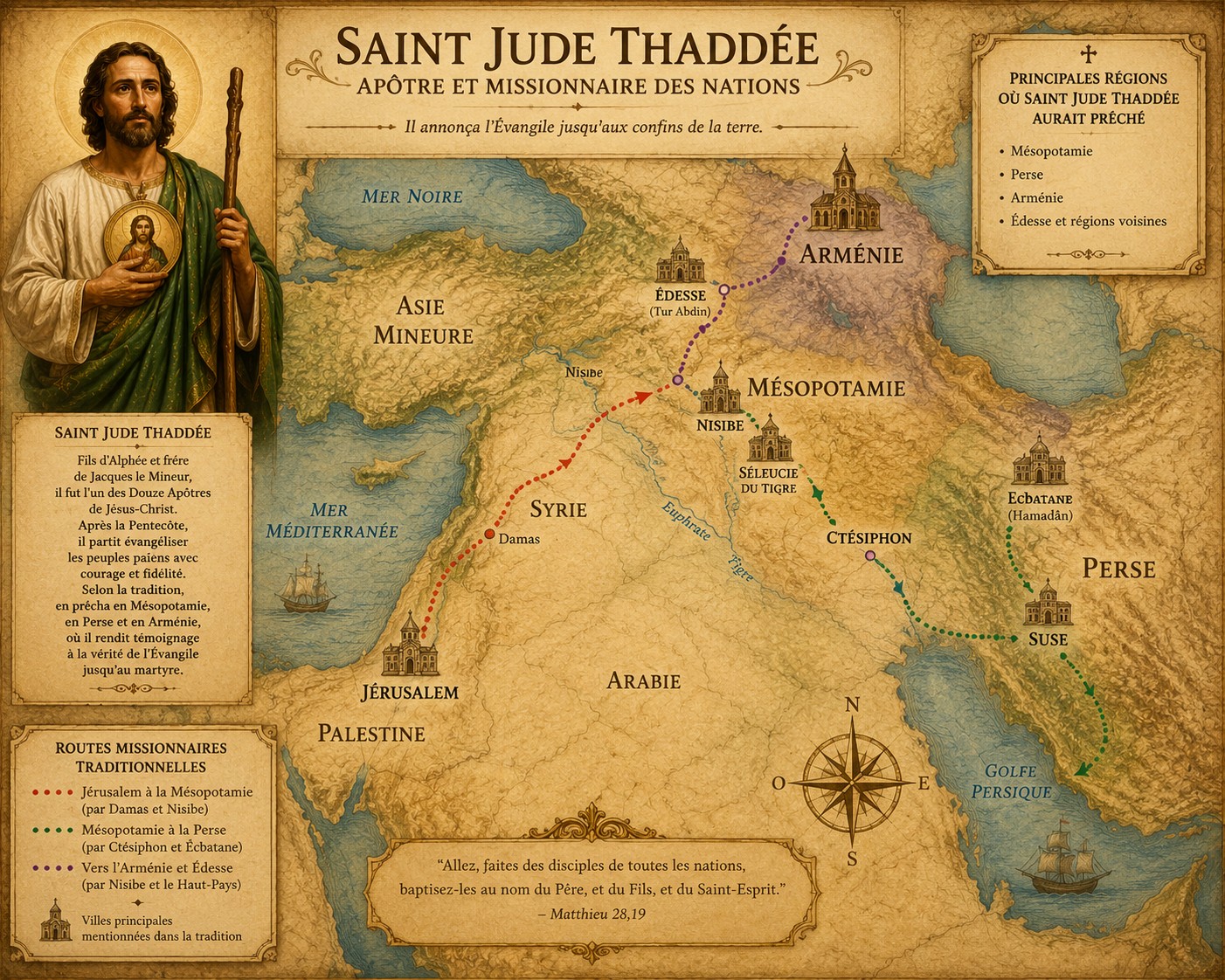 Carte ancienne illustrant les principales régions où saint Jude Thaddée aurait prêché selon la tradition chrétienne, avec des routes missionnaires reliant Jérusalem à la Mésopotamie, la Perse et l’Arménie.