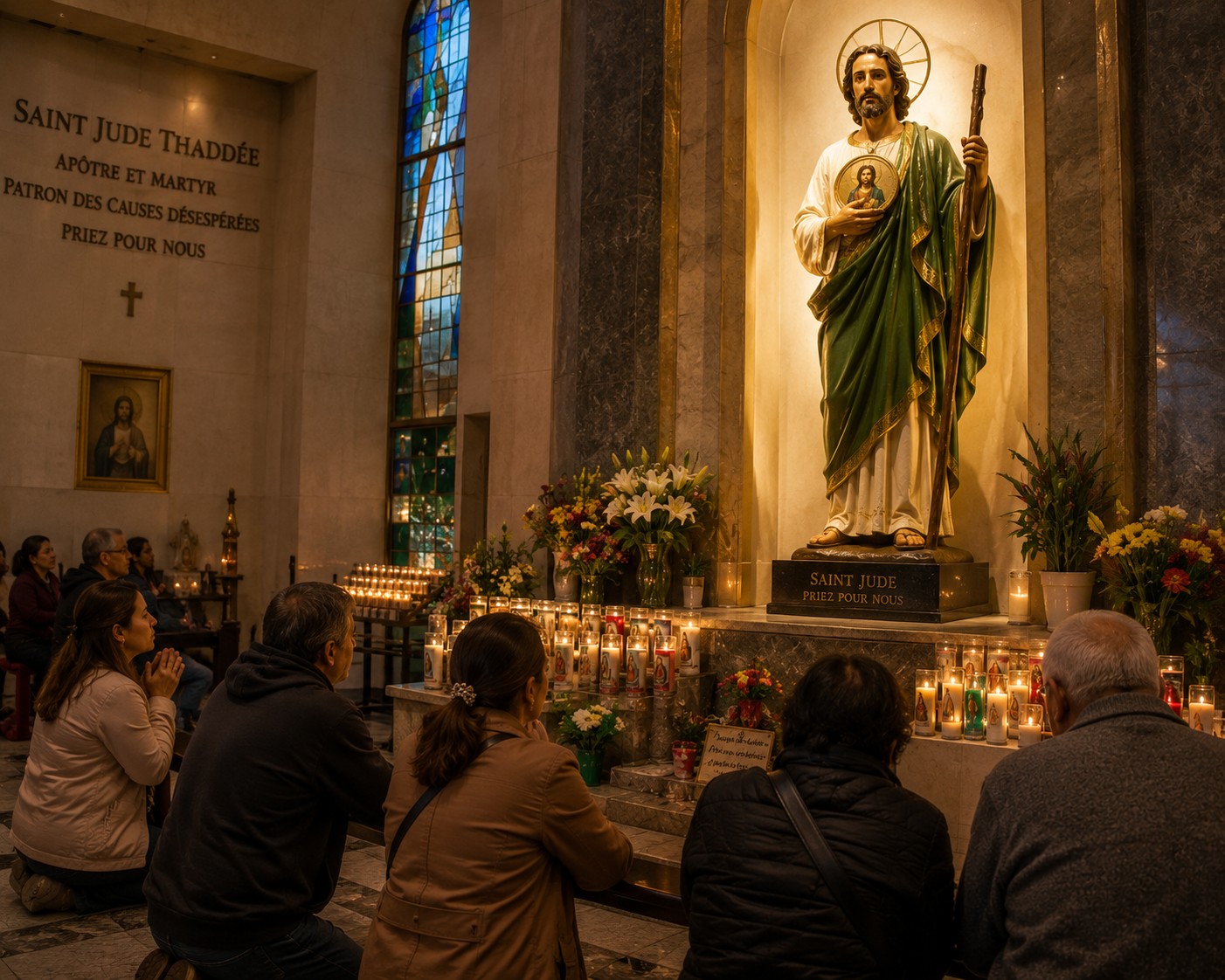 Fidèles en prière devant une statue de saint Jude dans un sanctuaire moderne, avec des cierges allumés et une atmosphère de recueillement.
