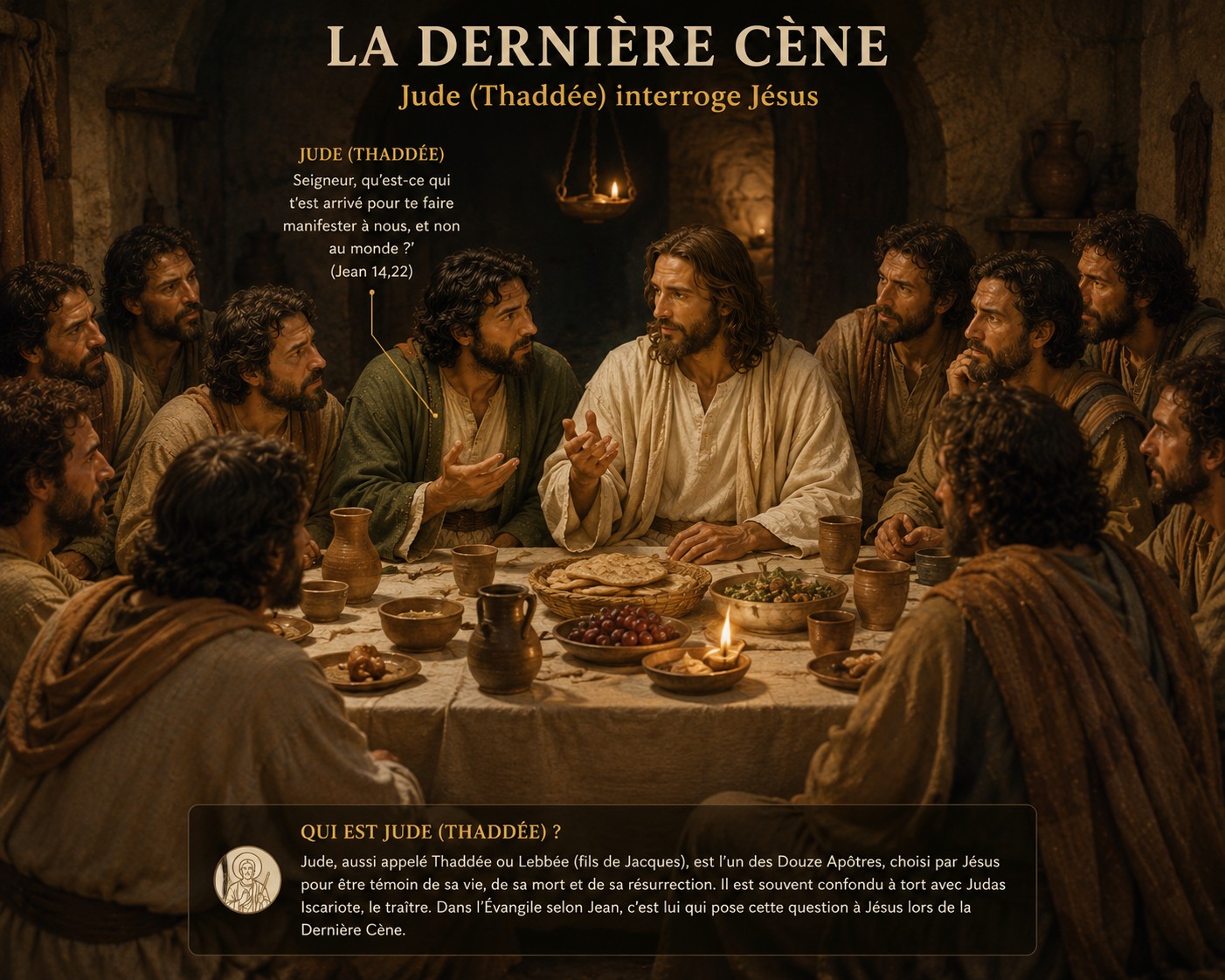 Scène de la Dernière Cène montrant saint Jude Thaddée interrogeant Jésus tandis que les autres apôtres écoutent attentivement.