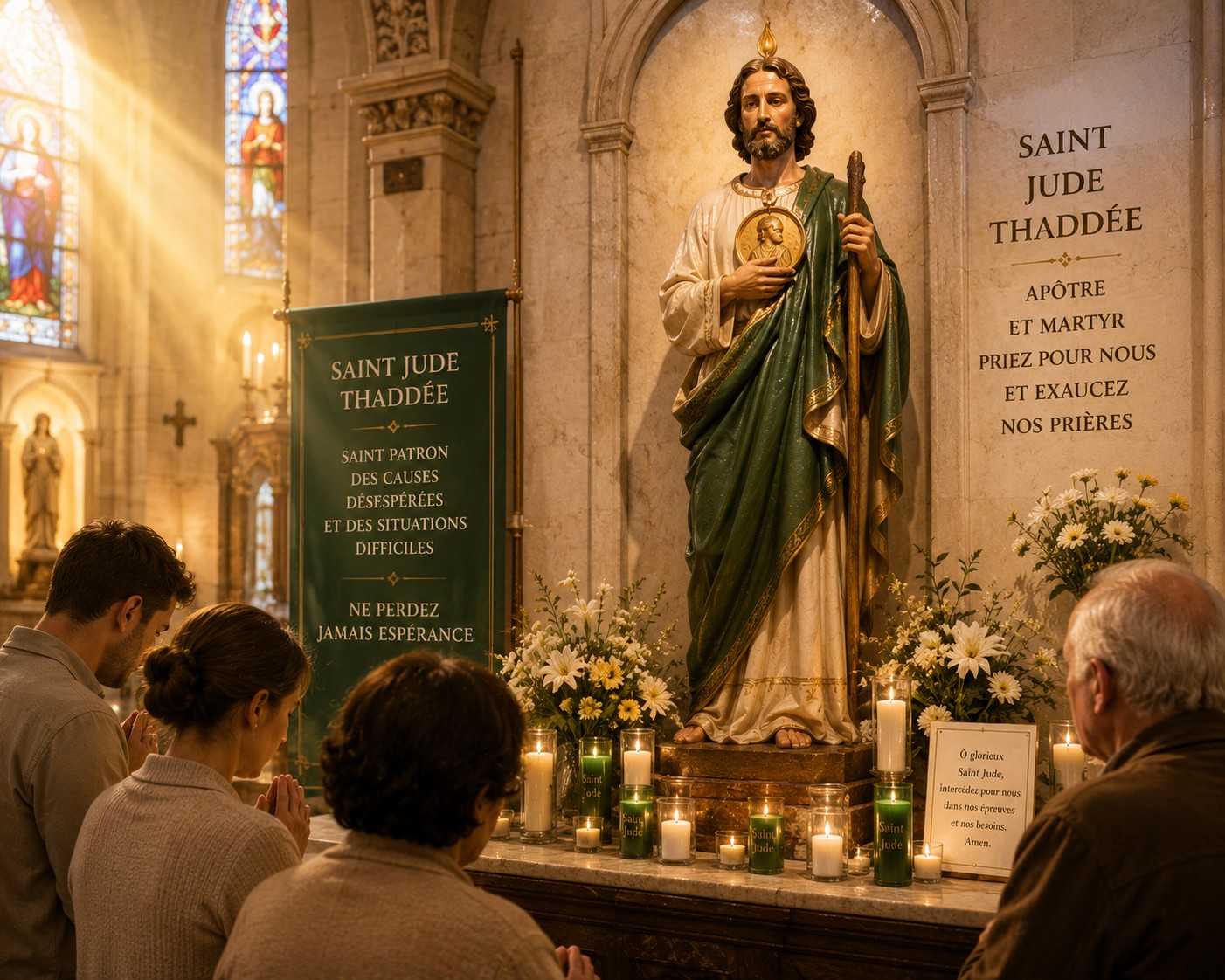 Fidèles priant devant une statue de saint Jude Thaddée dans une église, avec une atmosphère de paix, d’espérance et de lumière.