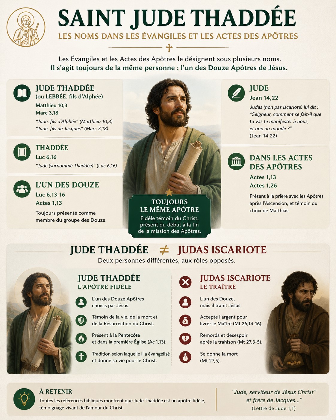 Infographie présentant les différents noms attribués à saint Jude Thaddée dans les Évangiles et les Actes des Apôtres, avec une mise en évidence claire de la distinction entre Jude Thaddée et Judas Iscariote.