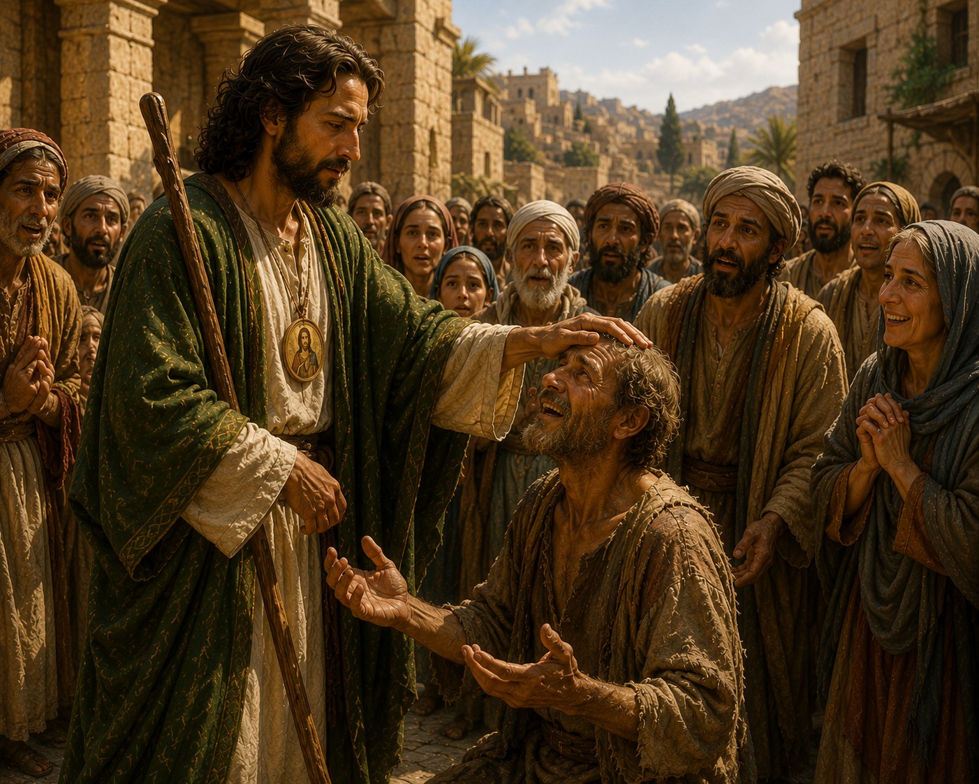Saint Jude imposant les mains à un malade qui retrouve la santé, sous le regard émerveillé d’une foule dans une ville antique.
